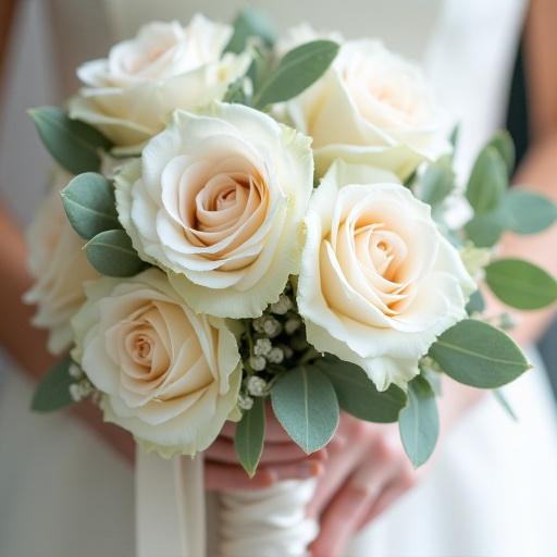 Dettaglio di un bouquet da sposa con eucalipto e rose